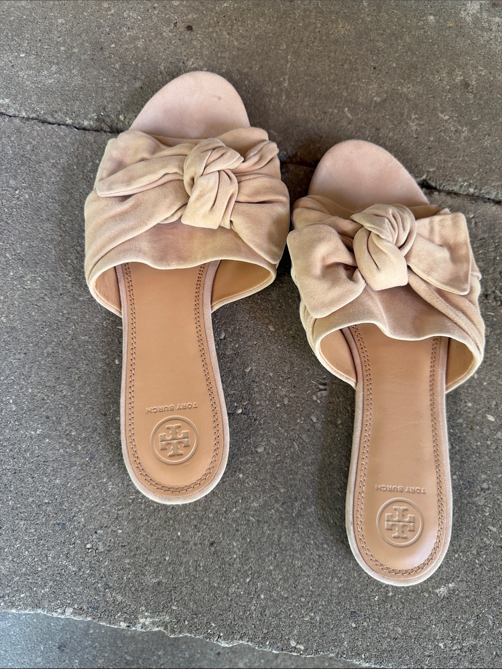 Tory Burch Suede Bow Sandals Beige